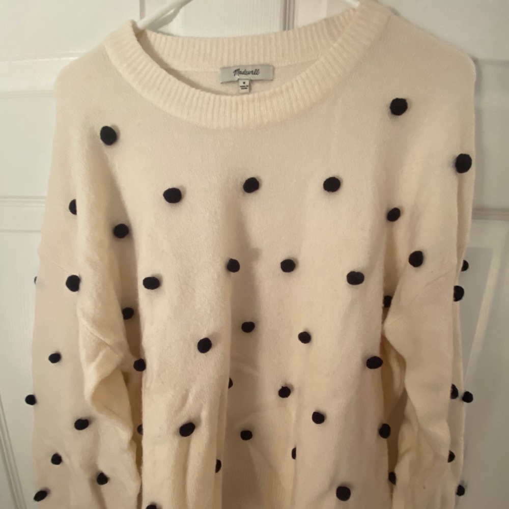 Madewell white sweater with black poms